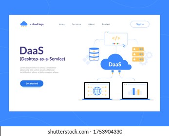 DaaS: Desktop as a Service landing page first screen. Virtual Desktop or Desktop Virtualization cloud computing scheme. Optimization of business process for startups, small companies and enterprises.