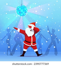 Dab dance, cartoon Santa dancing on Christmas party. Funny Santa Claus vector character dabbing on nightclub dance floor with dancing people silhouettes, disco ball, lights. Merry Xmas greeting card