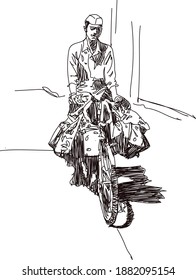 Dabbawala service in Mumbai. Dabbawala with cycle vector illustration.