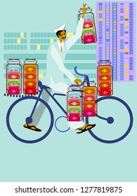 
Servicio Dabbawala en Mumbai.Dabba wala con ilustración de vector de ciclo.