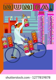 
Dabbawala service in Mumbai.Dabba wala with cycle vector illustration.