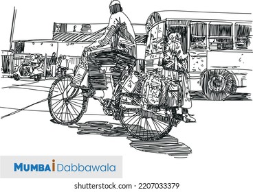 Dabbawalla service in Mumbai India. Dabbawalla illustration artwork .