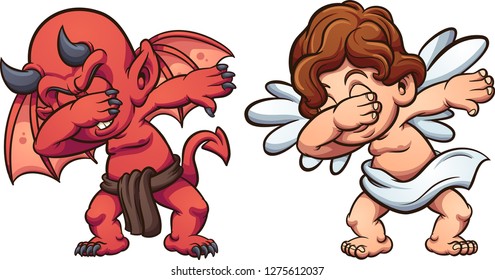 Dabbing angel and devil. Vector clip art illustration with simple gradients. Each on a separate  layer.
