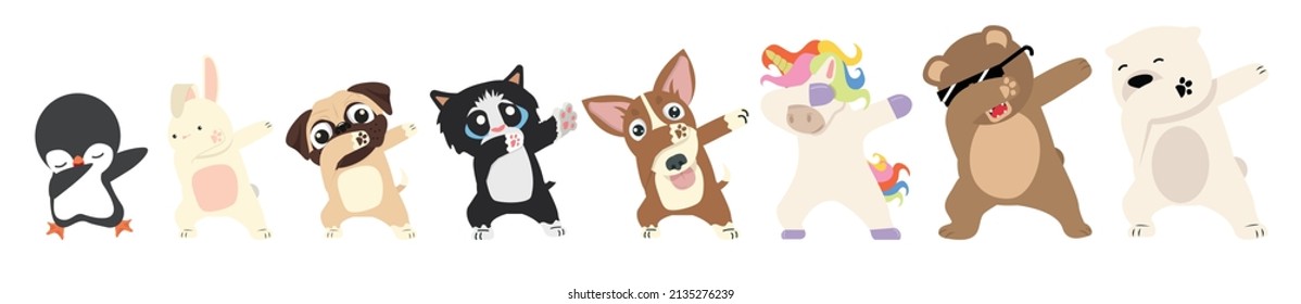 Dabbing animals dancing sign cartoon set