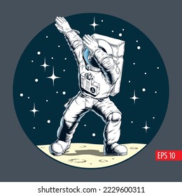 Dabbing astronaut on the moon or another planet, comic style vector illustration.