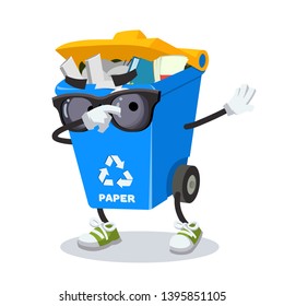 Dabbing cartoon blue recycle garbage can with paper mascot on white background