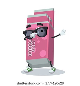 Dabbing cartoon Chewing Bubble Gum in Pink Pack mascot on white background