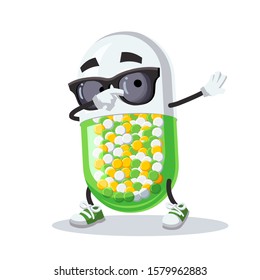Dabbing cartoon colorful medical capsule pill mascot on white background