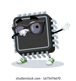 Dabbing cartoon computer cpu hardware microchip mascot on white background