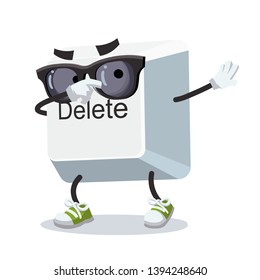 Dabbing cartoon computer key button delete mascot on white background