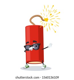 Dabbing cartoon dynamite stick with a lit wick mascot on white background