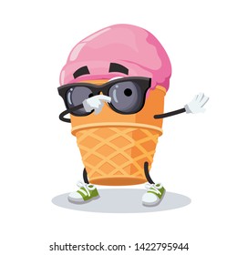Dabbing cartoon ice cream in a waffle cup mascot on white background