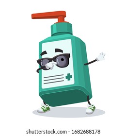 Dabbing cartoon medical hand antiseptic bottle mascot on white background