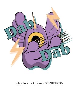 Dabbing cartoon monster. One eyed purple people eater with horn and wings. Cute design for kids. Isolated vector illustration on white background