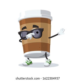 Dabbing cartoon paper cup of coffee mascot on white background