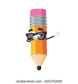 Dabbing cartoon pencil with rubber eraser mascot on white background