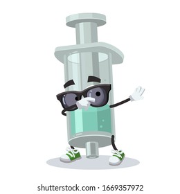 Dabbing cartoon plastic medical syringe mascot on white background