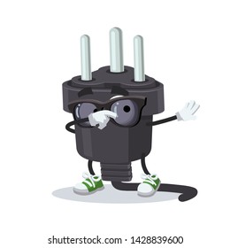 Dabbing cartoon power plug type D mascot on white background