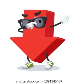 Dabbing cartoon red arrow Down mascot on white background