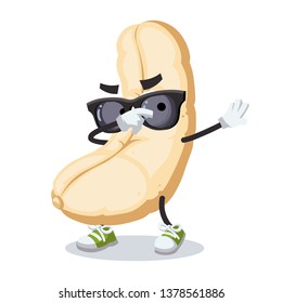 Dabbing cartoon roasted cashew nut kernel mascot on white background
