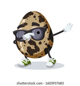 Dabbing cartoon spotted quail egg mascot on white background