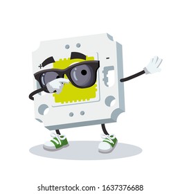 Dabbing cartoon square LED chip mascot on white background