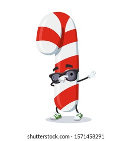 Dabbing cartoon striped christmas candy cane mascot on white background