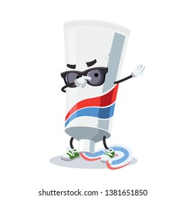 Dabbing cartoon tube of toothpaste with squeezed striped dentifrice mascot on white background