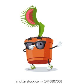 Dabbing cartoon Venus flytrap plant in a pot mascot on white background