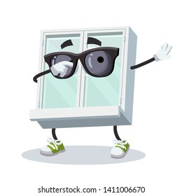Dabbing cartoon white closed plastic window mascot on white background