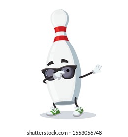 Dabbing cartoon white wooden bowling pin mascot on white background