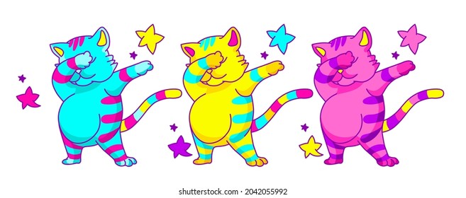 Dabbing cat Vector illustration. Acid color illustration for crazy concept.Trendy t-shirt template, vibrant funny illustration.