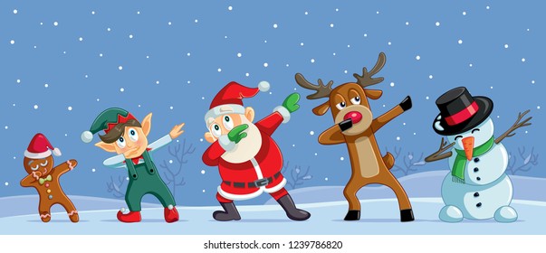 Dabbing Christmas Cartoon Characters Funny Banner. Cool Santa dancing with his friends outdoors
