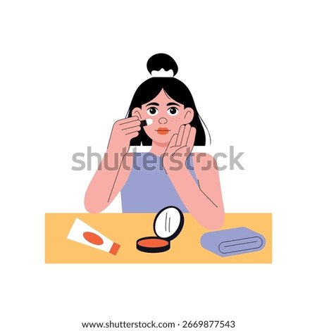 Dabbing Concealer On Blemish Flat Illustration. EPS 10 file 
