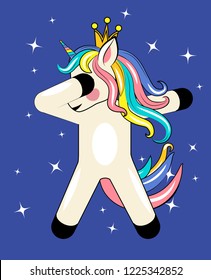 dabbing CUTE unicorn with stars on blue background