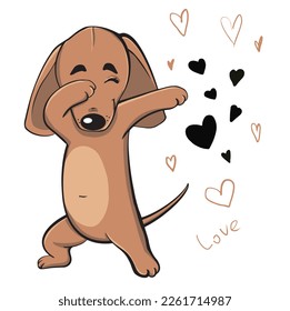 Dabbing dachshund with hearts, cool cartoon vector Illustration