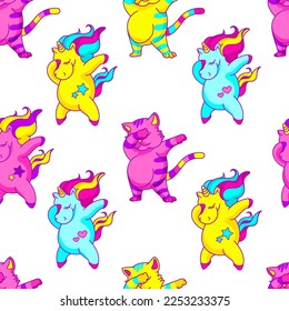 Dabbing dance tile seamless pattern, rainbow color design concept. Fun vivid illustration with unicorn, dabbing cat.Trendy fabric, web wallpaper, vibrant funny illustration.