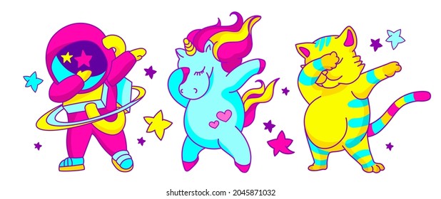 Dabbing dance vector design concept. Acid crazy illustration with unicorn, cat and dabbing astronaut.Trendy t-shirt template, vibrant funny illustration. svg