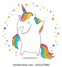 Dabbing or dancing rainbow unicorn in a circle of  bubbles. Cute cartoon unicorn.