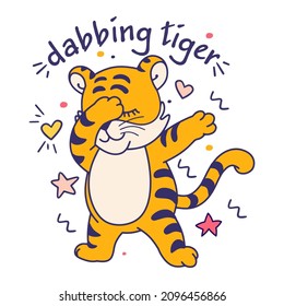 Dabbing dancing tiger. Isolated cartoon character for print, symbol of Chinese New Year 2022. Funny doodle illustration