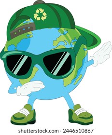 Dabbing earth wearing sunglasses and cap, Earth Day Illustration Vector. Planet Earth Boy