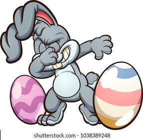 Dabbing easter bunny with eggs. Vector clip art illustration with simple gradients. Some elements on separate layers.
