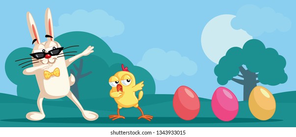 Dabbing Easter Characters Funny Banner. Funny cute characters celebrating spring holidays with a dance
