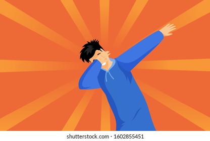 Dabbing Hipster Guy Flat Vector Illustration. Young Man In Blue Hoodie Showing Trendy Dab Sign Cartoon Character. Stylish Teenager Standing In Dub Dance Pose Isolated On Orange Background