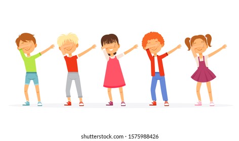 Dabbing. Kids dancing and posing school teenager groups young americans moving vector dabbing characters