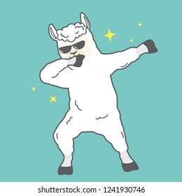 Dabbing llama with stars. Cute cartoon llama vector design for party