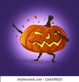 Dabbing Night halloween pumpkin cartoon character; cute face style; dark; background.