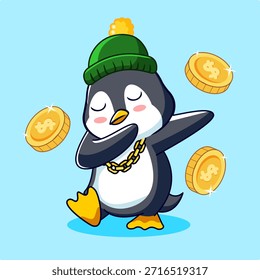 Dabbing Pinguin mit Goldmünzen Vektorgrafik Cartoon Design Kawaii
