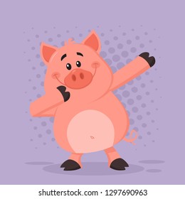 Dabbing Pig Cartoon Character. Vector Illustration Flat Design With Violet Background