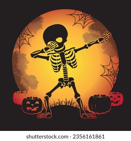 Dabbing skeleton on full moon background. Halloween vector illustration.